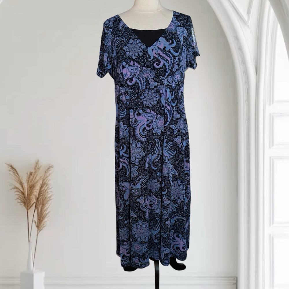Croft & Barrow Paisley Midi Dress Sz XL Moody Blues & Pink Bohemian Lined Comfy